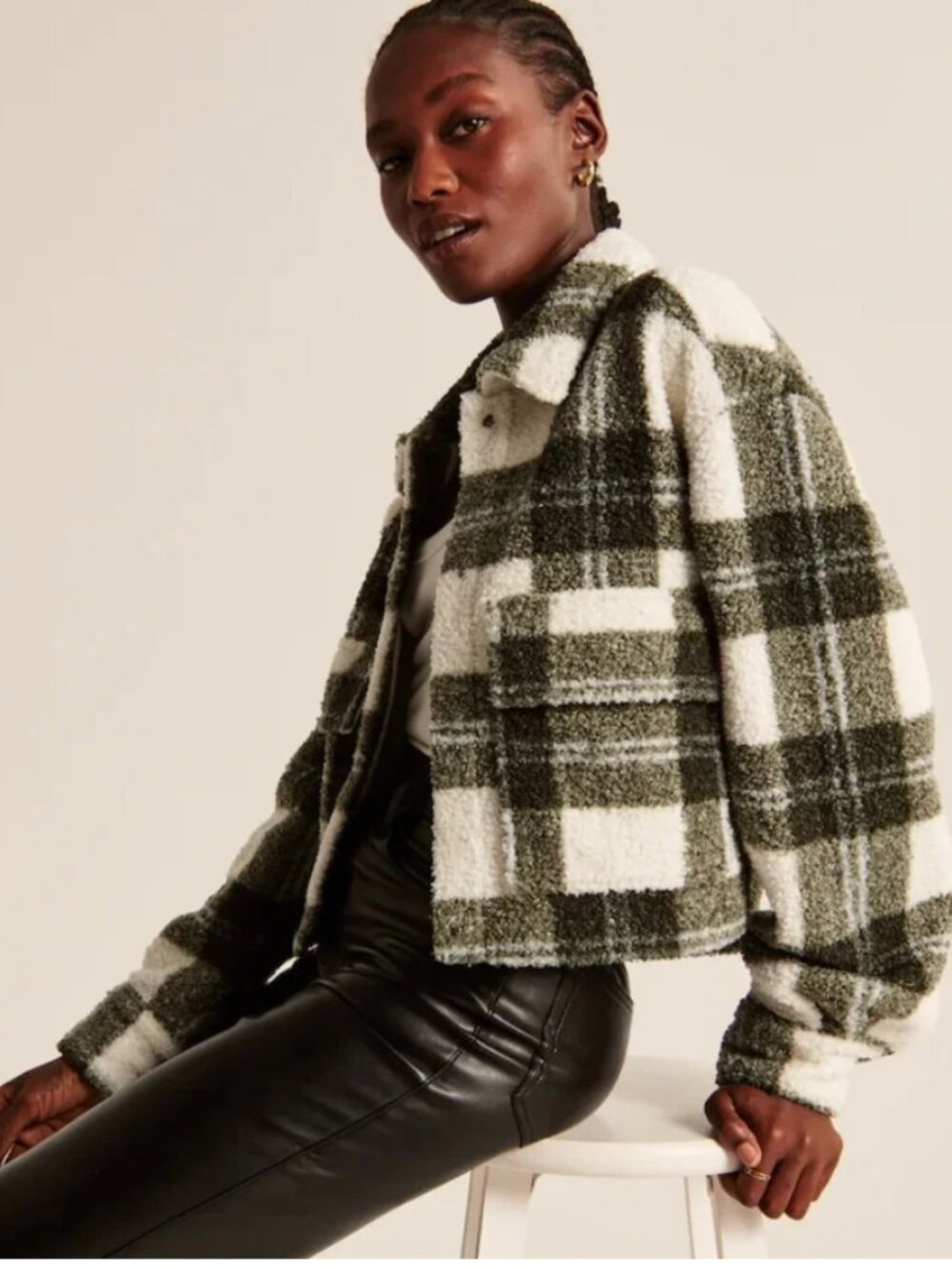 Abercrombie & Fitch Green Plaid Cropped Sherpa Fleece Jacket S